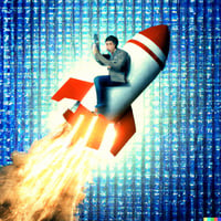 DALL·E 2023-09-11 16.13.43 - create a photo realistic image of a business person sitting on a large rocket ship launching into space with flames behind it and the rocket is covere